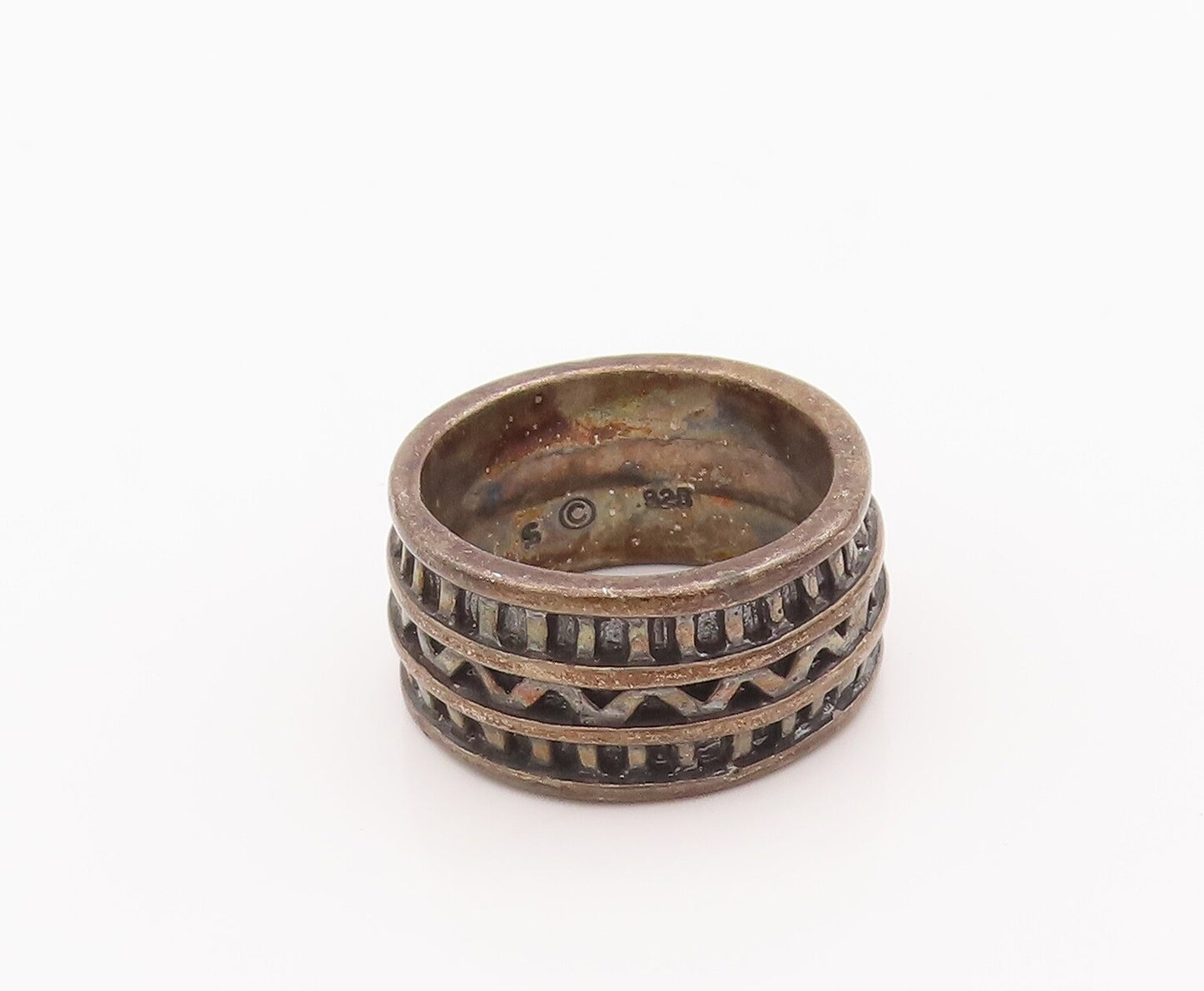 925 Sterling Silver Vintage Ring Solid Grooved Geometric Pattern  Sz 6  RG28255