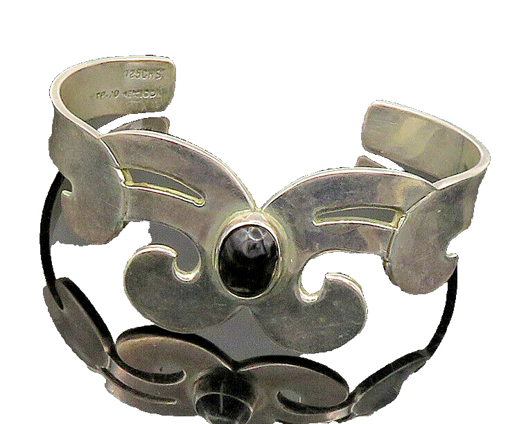 MEXICO 925 Sterling Silver Vintage Black Onyx Swirl Cuff Bracelet BT1379