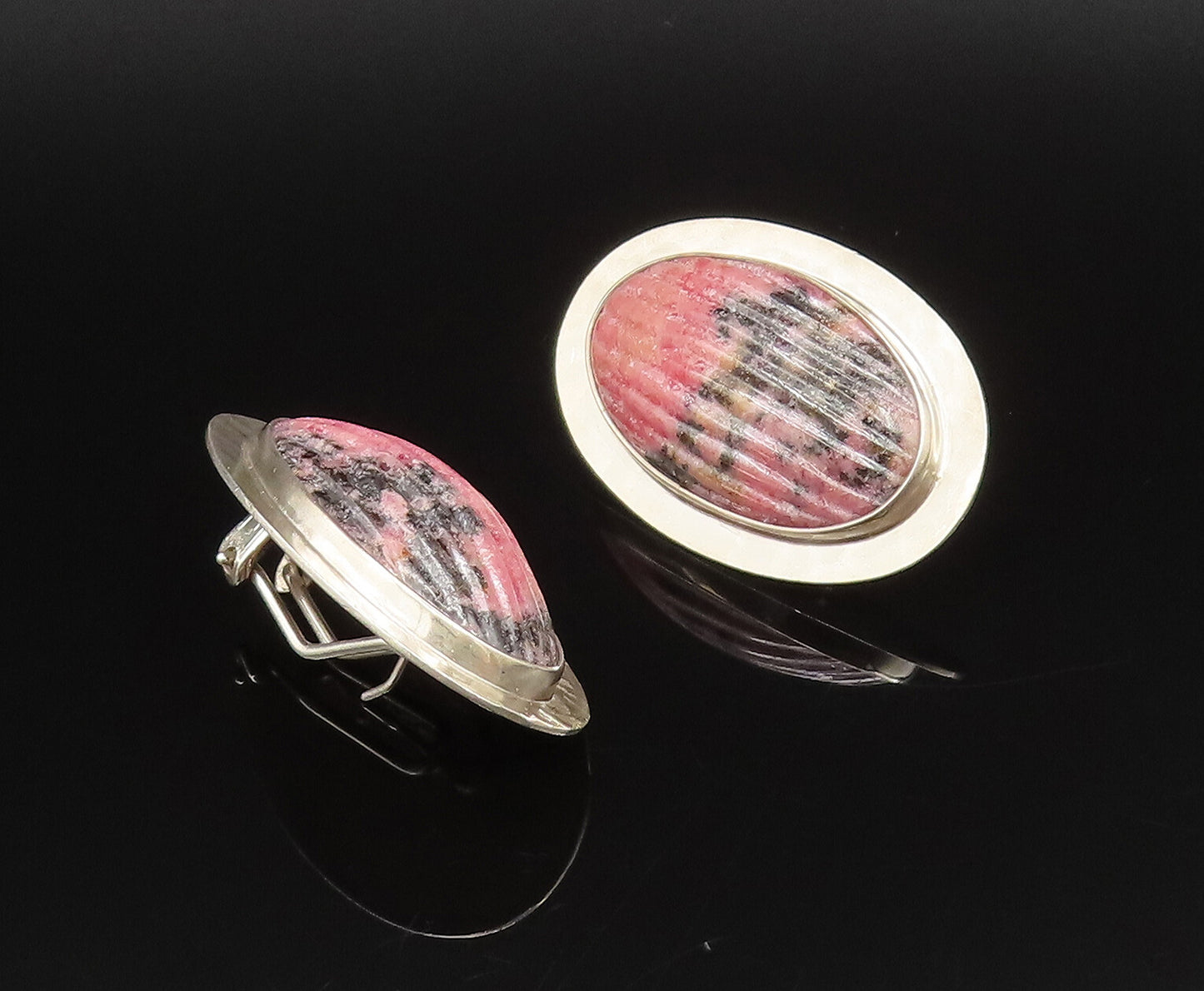 CERRO BLANCO 925 Silver  Vintage Ribbed Rhodonite Hammered Earrings  EG12247