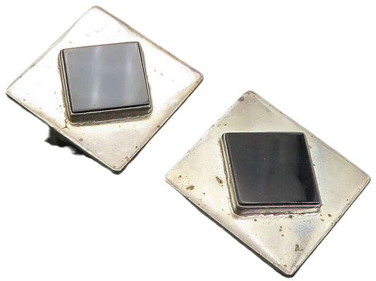 925 Sterling Silver  Vintage Black Onyx Square Non Pierce Earrings  EG4297