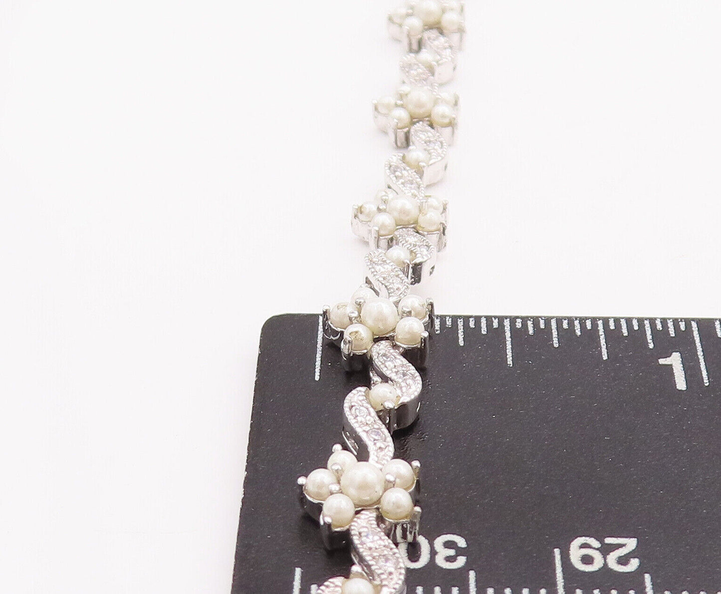 925 Sterling Silver Vintage Bracelet Cutout Pearls & CZ Inlay Flowers  BT10634