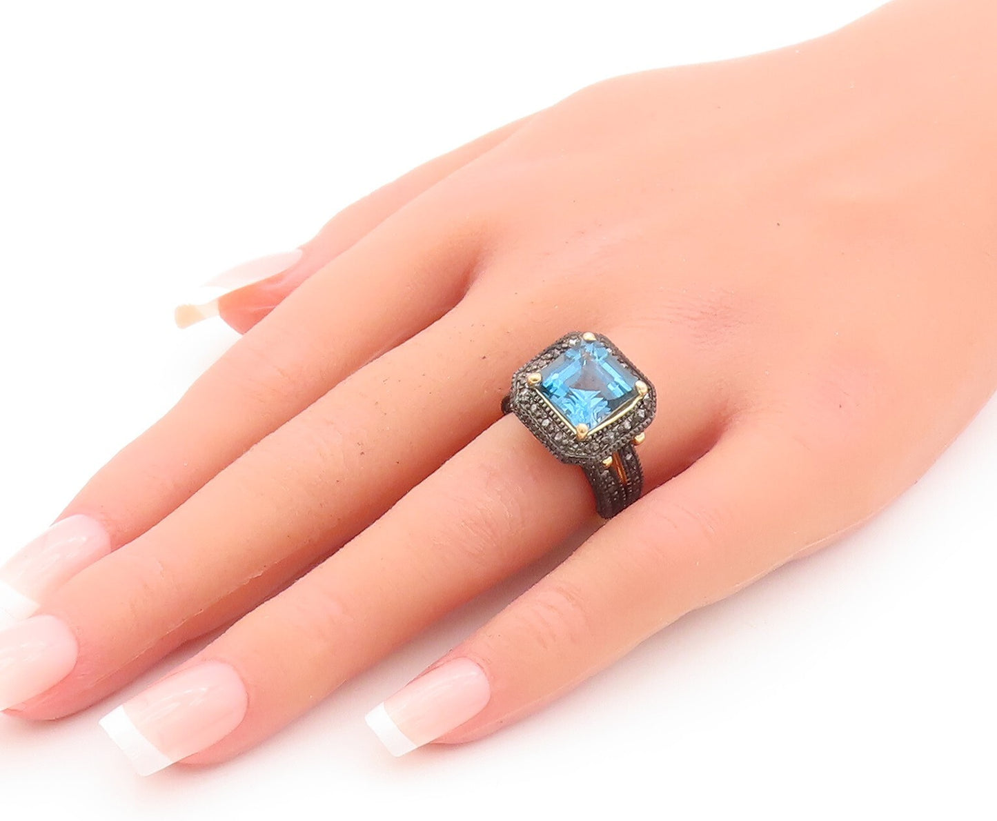 925 Sterling Silver Vintage Ring Gold Plated Diamonds & Blue Topaz Sz 6  RG29918