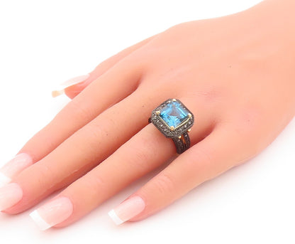 925 Sterling Silver Vintage Ring Gold Plated Diamonds & Blue Topaz Sz 6  RG29918