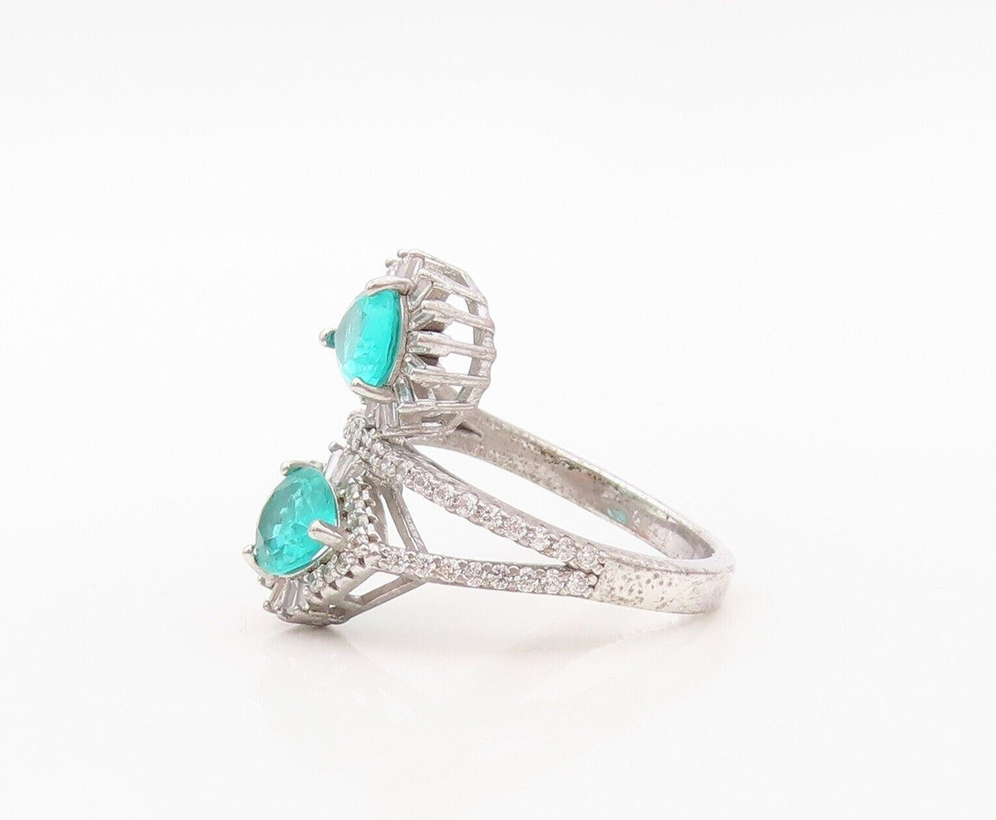 925 Sterling Silver Vintage Ring Designer Sea Green & White Topaz  Sz 7  RG30258