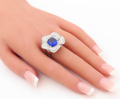 925 Sterling Silver Vintage Ring Cutout Sapphire & CZ Flower  Sz 7.5  RG30669
