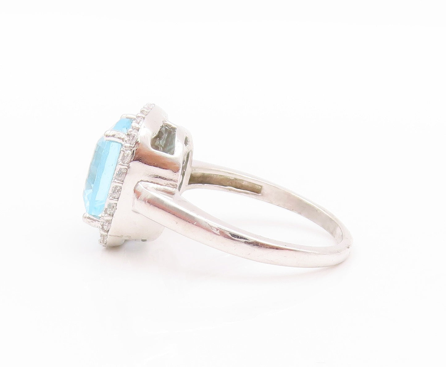 925 Sterling Silver Vintage Ring Square Cut Blue Topaz Halo CZ  Sz 7.5  RG32490