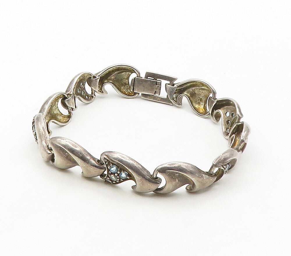 925 Sterling Silver  Vintage Blue Topaz Dark Tone Smooth Chain Bracelet BT6419