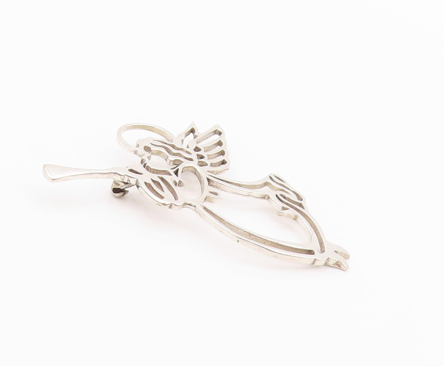 925 Sterling Silver Vintage Brooch Angel Stencil Cutout Playing Music  BP11597