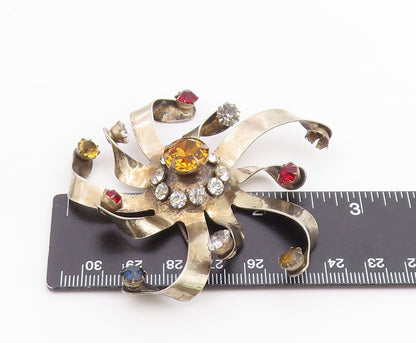 925 Silver  Vintage Citrine & Cubic Zirconia Floral Ribbon Brooch Pin  BP5150