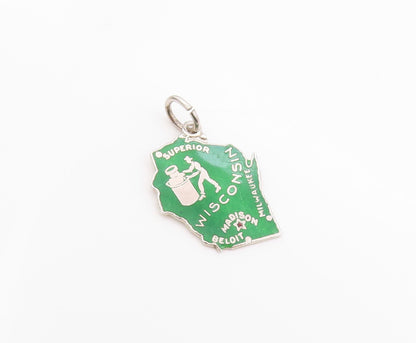 925 Sterling Silver Vintage Pendant Enameled Wisconsin State Map Charm  PT24884