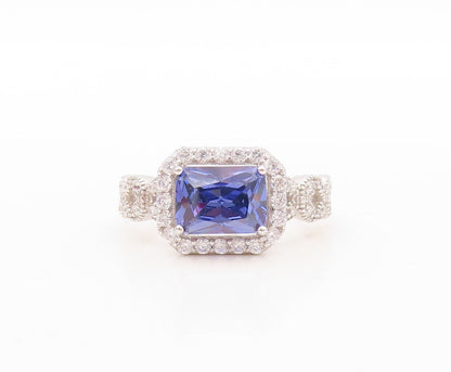 925 Sterling Silver Vintage Ring Designer CZ & Rectangle Sapphire  Sz 7  RG30687