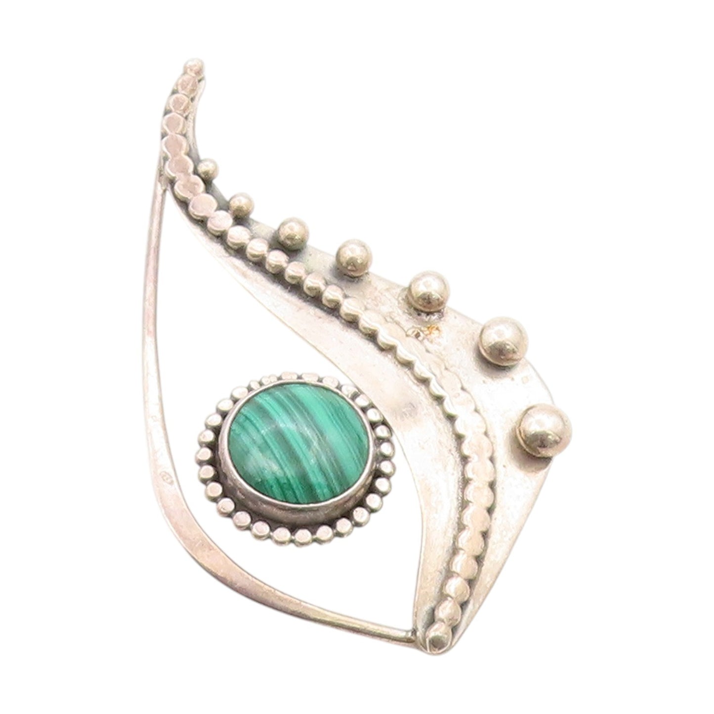 925 Sterling Silver Vintage Pendant PAUL MILLER Malachite Wavy Beaded  PT25054
