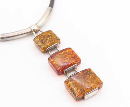 925 Sterling Silver Vintage Necklace Square Cabochon Drop Honey Amber  NE4599