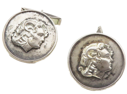 925 Sterling Silver  Vintage Oxidized Face Profile Round Cuff Links  TR1725