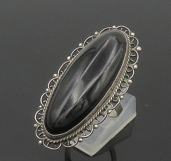 MEXICO 925 Sterling Silver Vintage Black Onyx Oblong Cocktail Ring Sz 8  RG17500