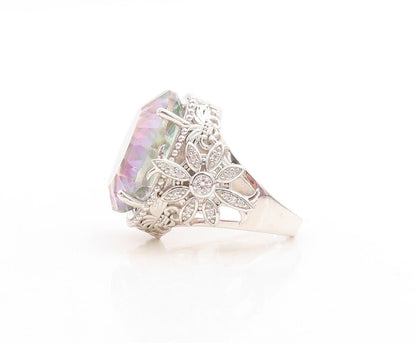 925 Sterling Silver Vintage Ring Floral Carved Oval Mystic Topaz Sz 7.5 RG30087