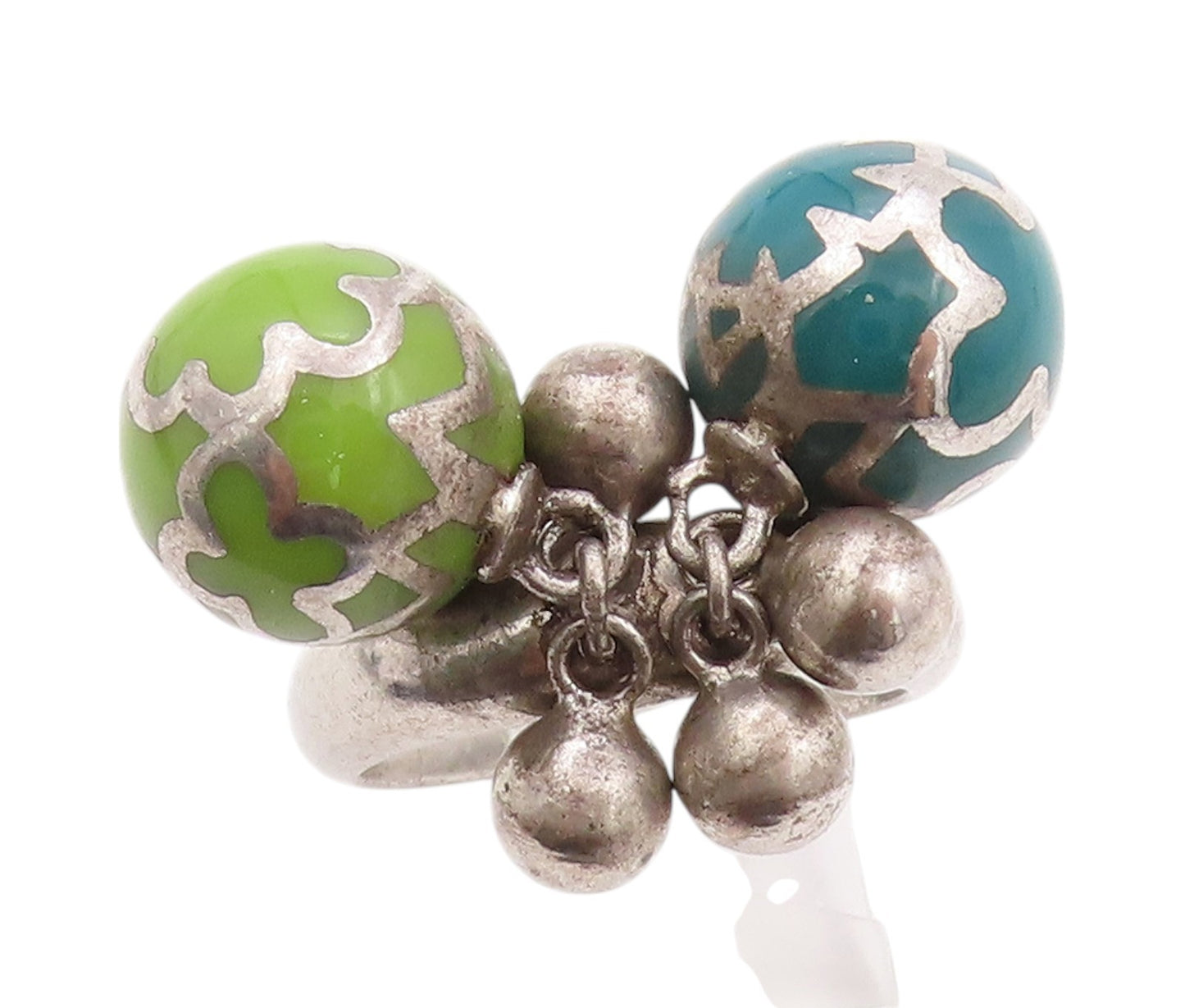 925 Sterling Silver Vintage Ring Floral Design Enameled Beads  Sz 6.5  RG32378