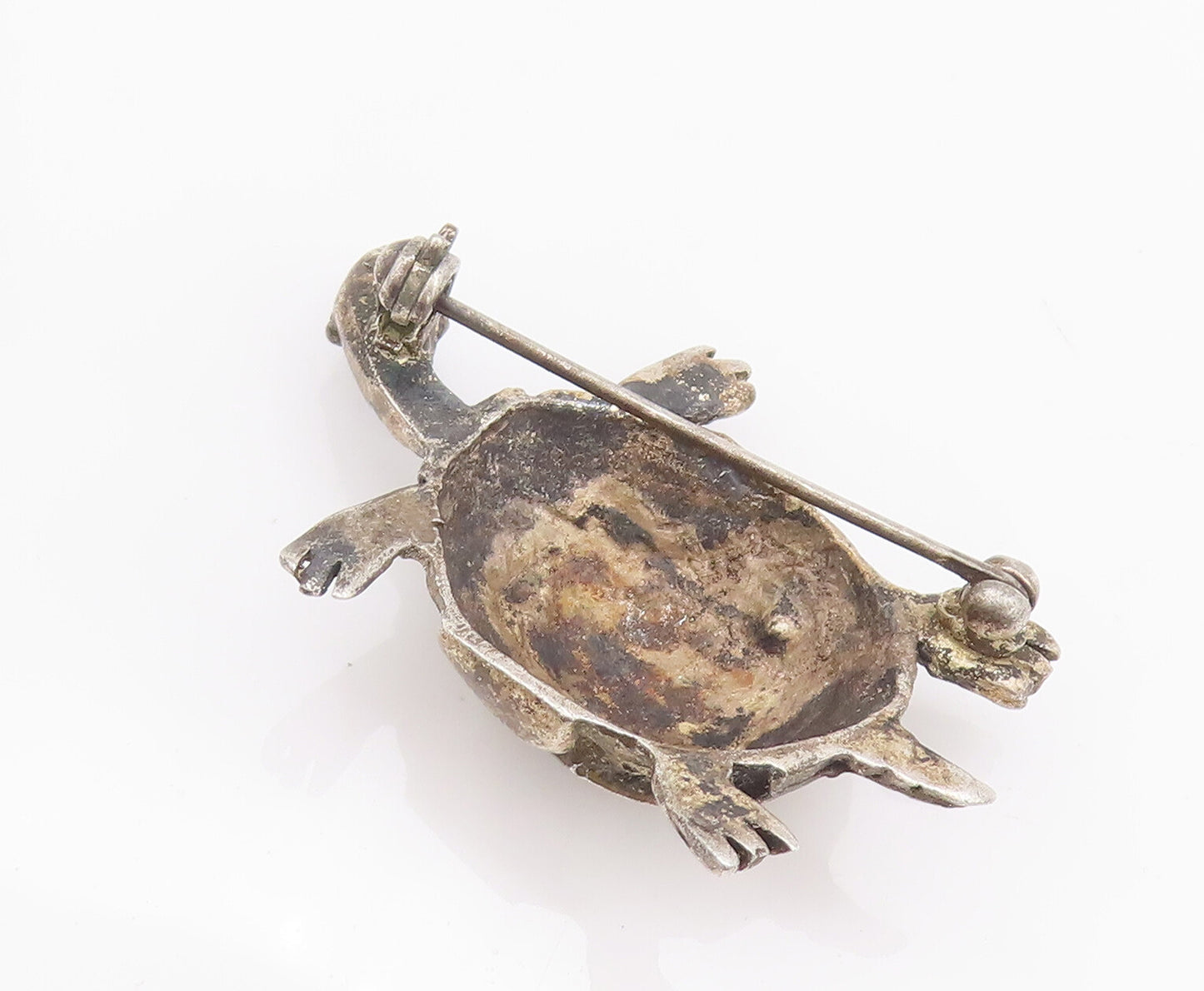 925 Sterling Silver Vintage Brooch Pin Rough Carved Domed Happy Turtle  BP10654