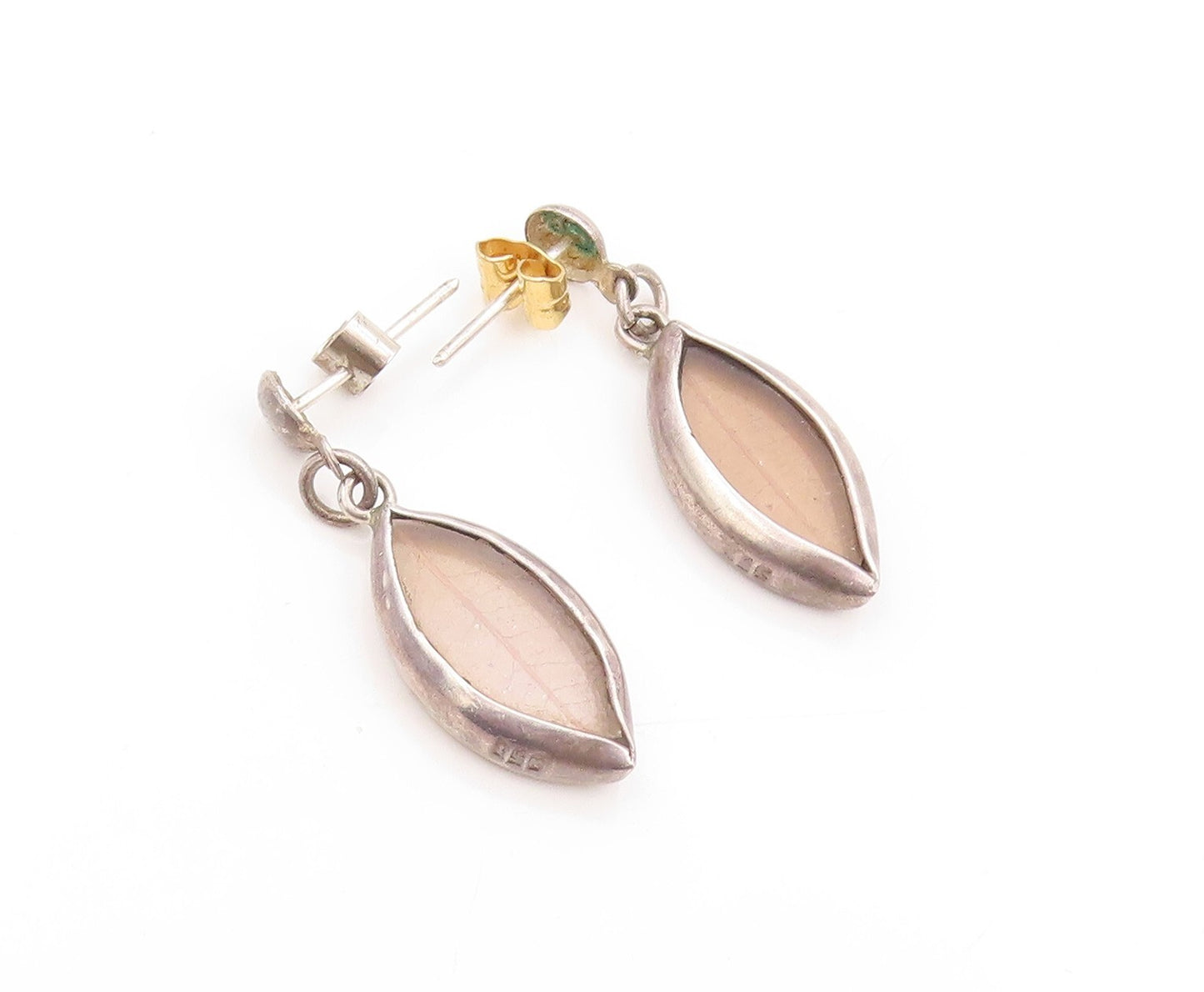925 Sterling Silver Vintage Earrings Modernist Dangling Real Leaf Framed EG13354