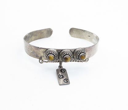 925 Sterling Silver  Vintage Antique Tiger's Eye Dome Cuff Bracelet  BT2972