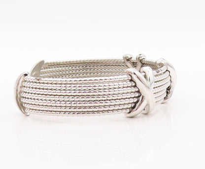 925 Sterling Silver Vintage Bracelet Beaded Bands carved X Cuff  BT10789