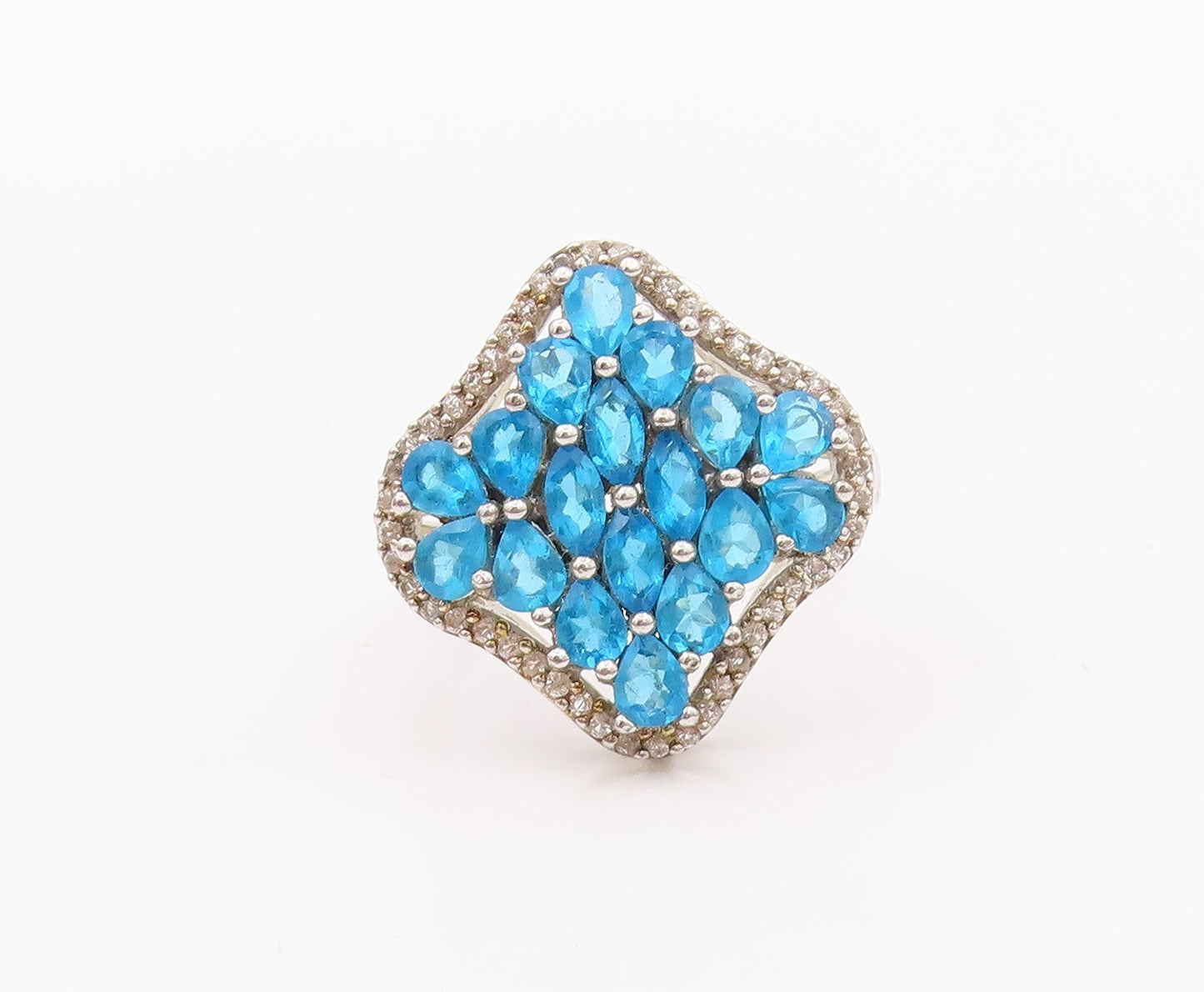 925 Sterling Silver Vintage Ring Drop Cut Blue & White CZ Inlay  SZ 10  RG32039