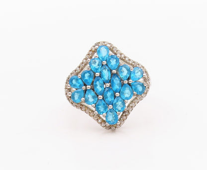 925 Sterling Silver Vintage Ring Drop Cut Blue & White CZ Inlay  SZ 10  RG32039