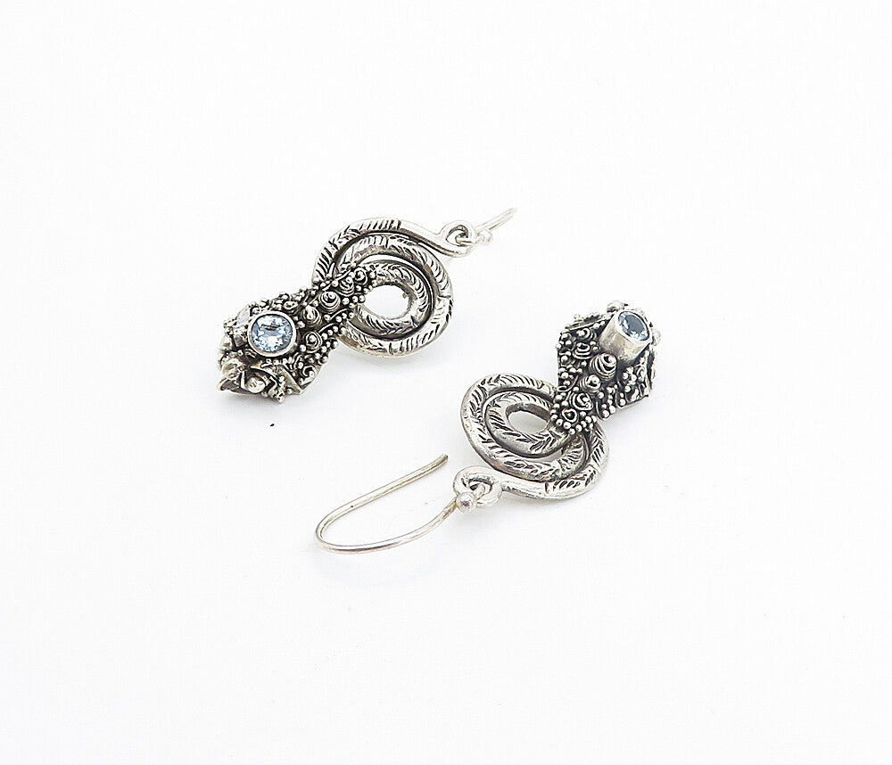 925 Sterling Silver  Vintage Blue Topaz Snake Motif Dangle Earrings  EG3559