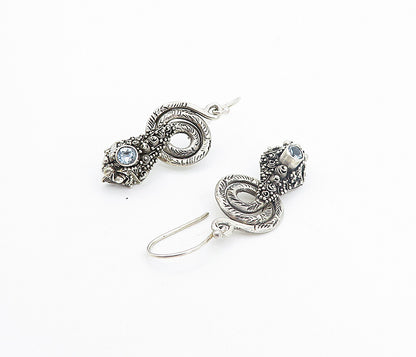 925 Sterling Silver  Vintage Blue Topaz Snake Motif Dangle Earrings  EG3559