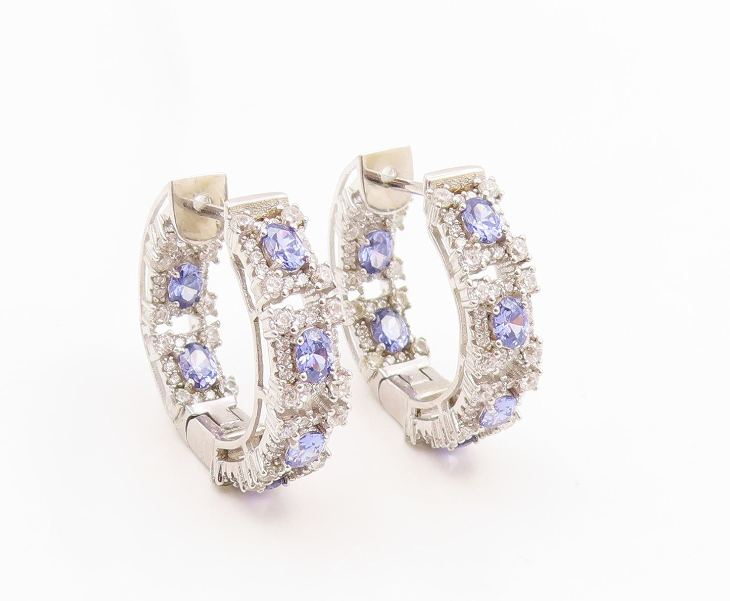 925 Sterling Silver Vintage Earrings Tanzanite Halo Sapphire Hoops  EG14335