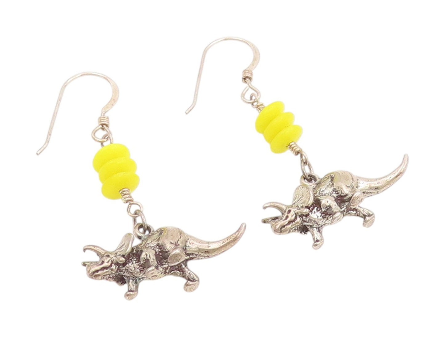 925 Sterling Silver Vintage Earrings Yellow Bead Dinosaur Charm Dangle  EG14056