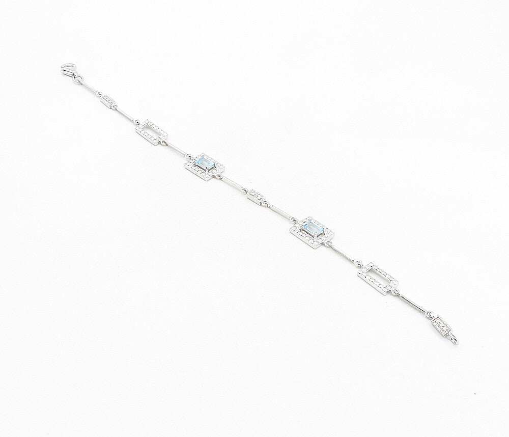 925 Sterling Silver  Blue Topaz Shiny Square Link Chain Bracelet  BT3817
