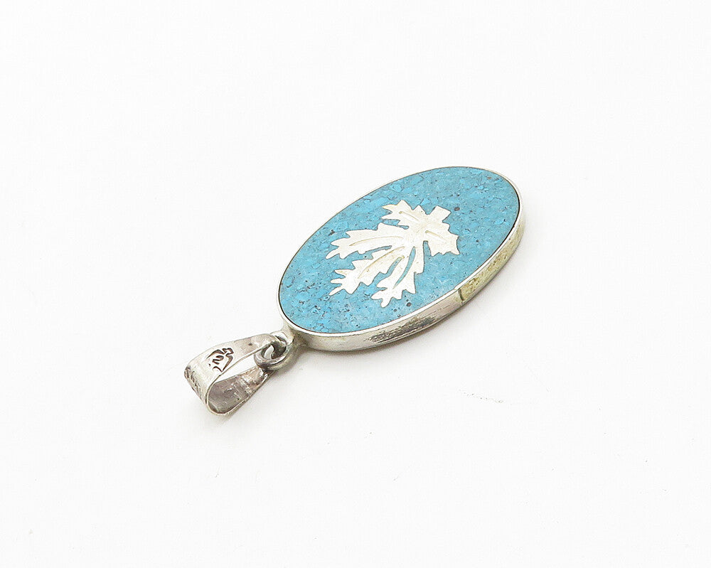 MEXICO 925 Silver  Vintage Inlaid Turquoise Floral Leaf Pendant  PT15452