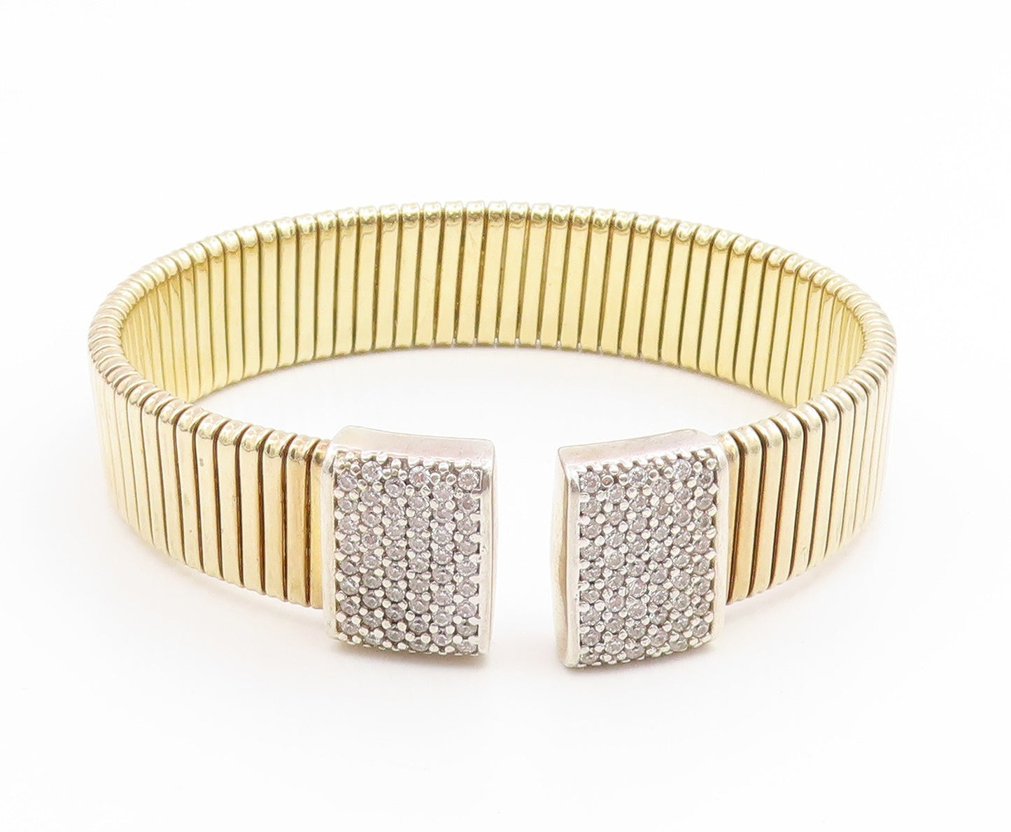 925 Sterling Silver Vintage Bracelet Gold Plated CZ Modernist Wide Cuff  BT11898