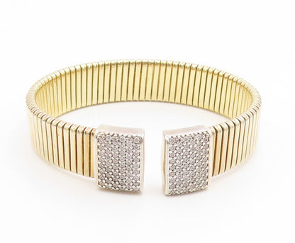 925 Sterling Silver Vintage Bracelet Gold Plated CZ Modernist Wide Cuff  BT11898