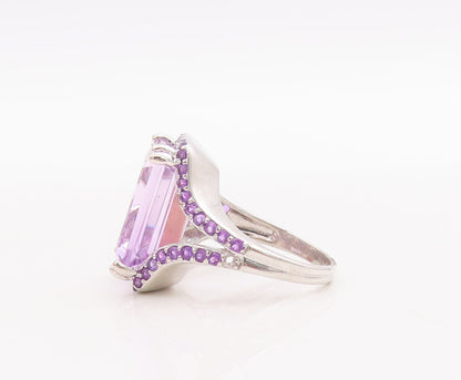 925 Sterling Silver Vintage Ring Rectangle Amethyst Split Neck  Sz 7  RG29168