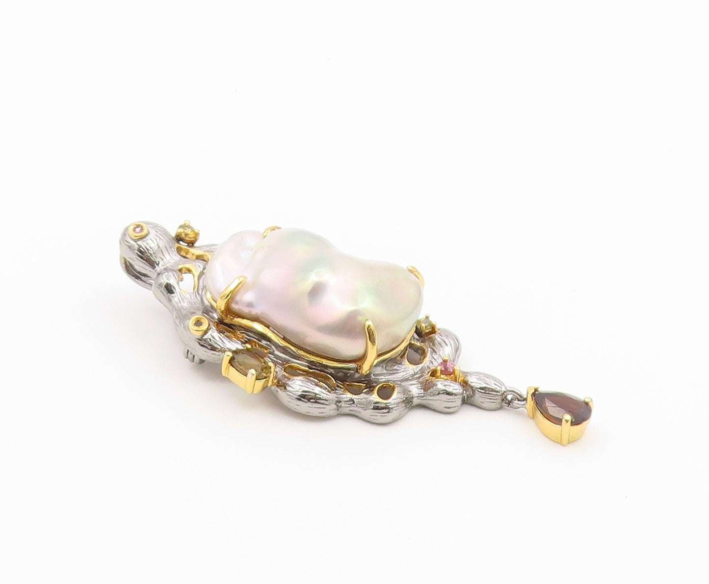 925 Sterling Silver Vintage Brooch Pin Two Tone Pearl & Gemstone Design  BP12642