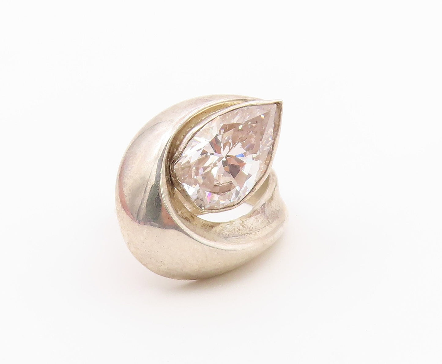925 Sterling Silver Vintage Ring Modernist Pear Cut CZ Loop Band  Sz 7  RG36445
