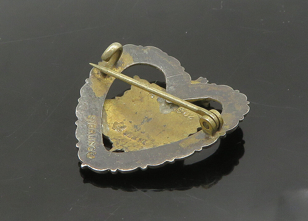 925 Sterling Silver  Vintage Enamel Maple Leaf Crown Heart Brooch Pin  BP8665