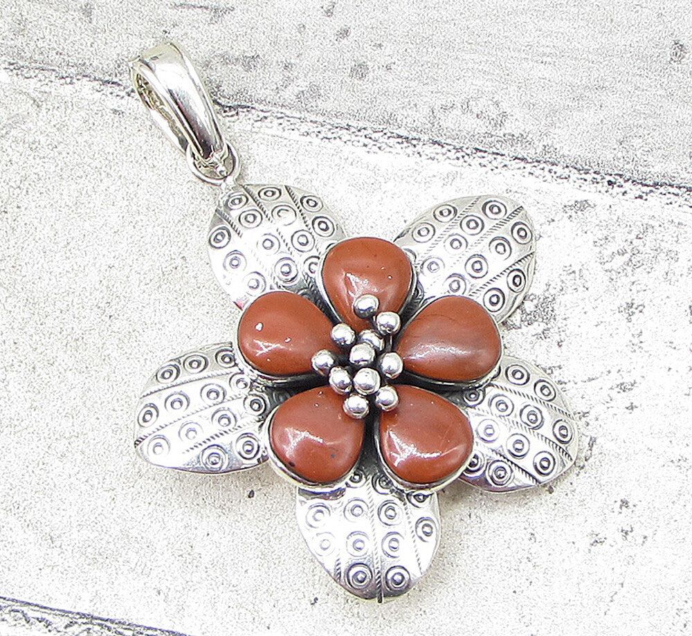 925 Sterling Silver  Red Jasper Wild Spring Flower Drop Pendant  PT1433