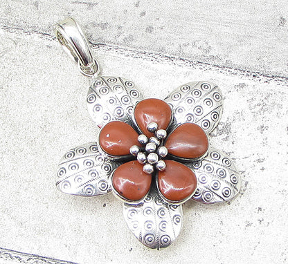 925 Sterling Silver  Red Jasper Wild Spring Flower Drop Pendant  PT1433