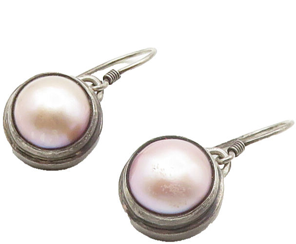 925 Sterling Silver  Vintage Shiny Pink Pearl Dome Dangle Earrings  EG8403