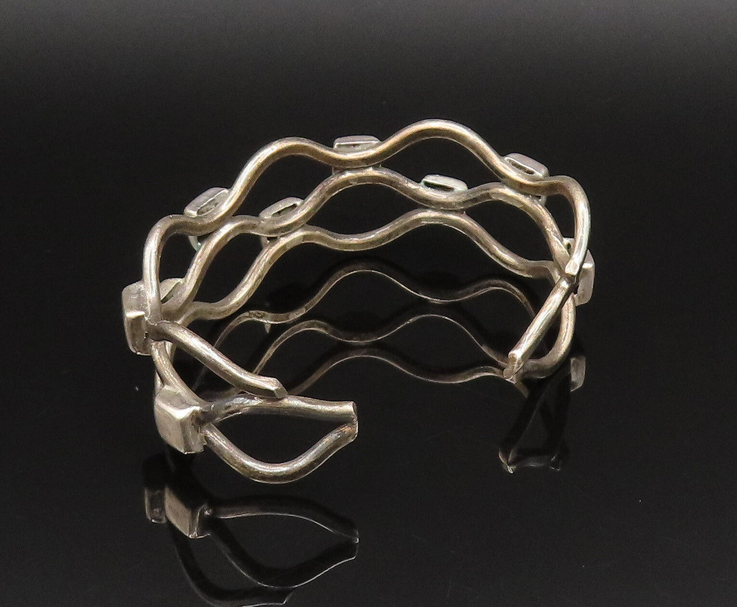 MEXICO 925 Silver  Vintage Wavy Open Square Pattern Cuff Bracelet  BT9579