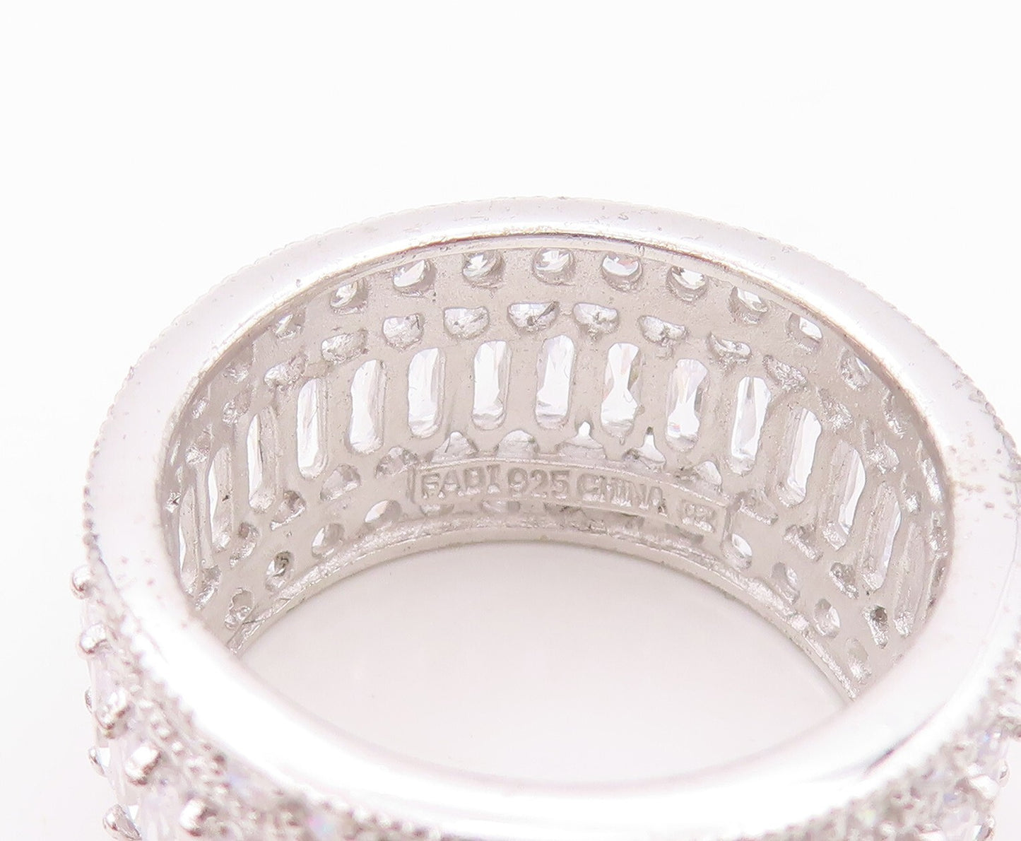 925 Sterling Silver Vintage Ring Designer Rectangle & Round CZ Band Sz 9 RG30217