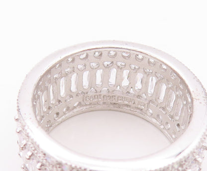 925 Sterling Silver Vintage Ring Designer Rectangle & Round CZ Band Sz 9 RG30217