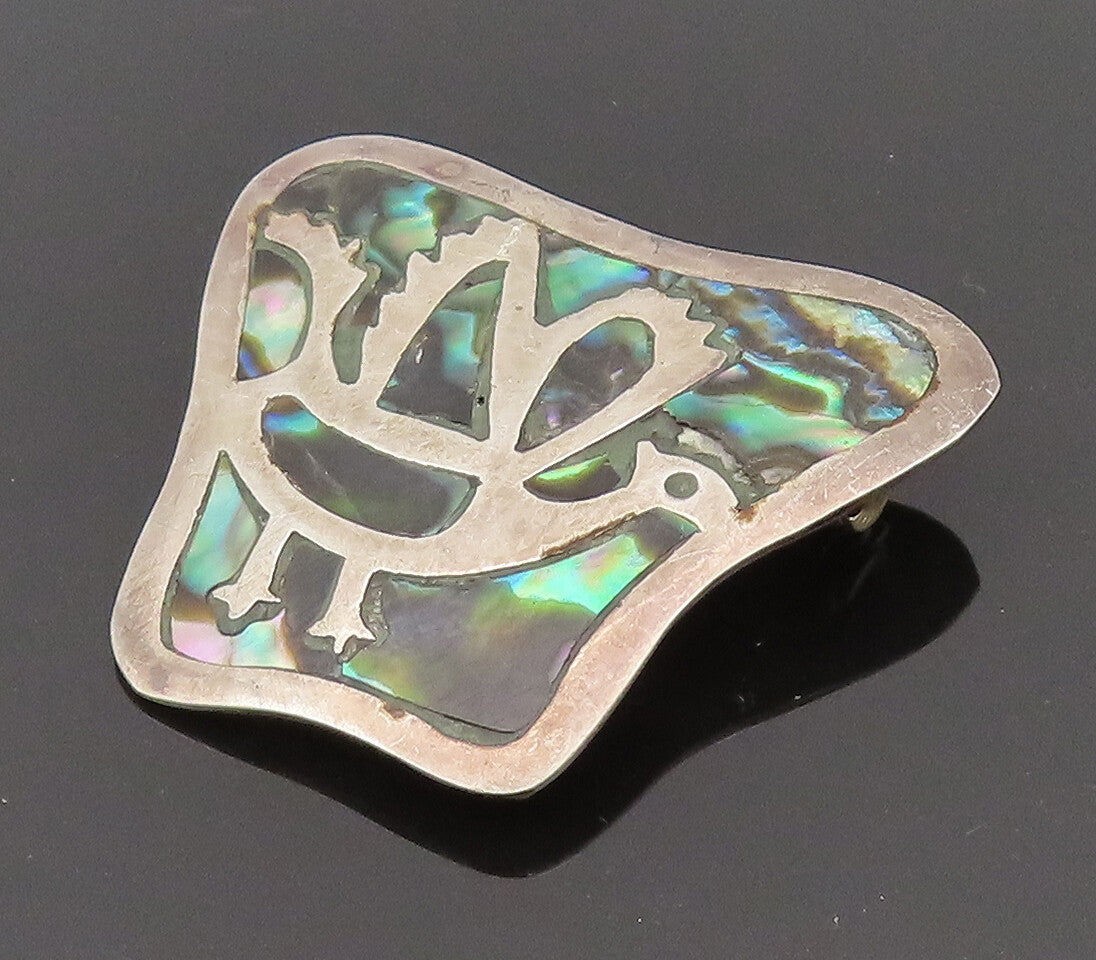 PEDRO CASTILLO 925 Silver  Vintage Inlaid Abalone & Bird Brooch Pin  BP10223