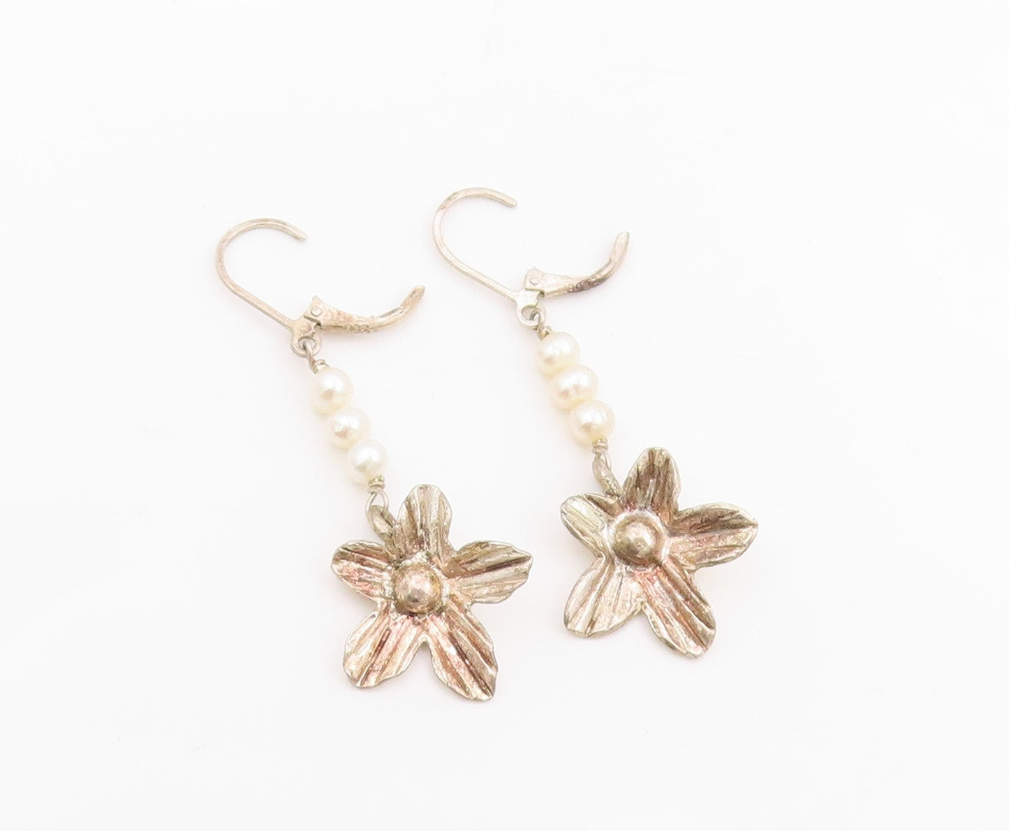 925 Sterling Silver Vintage Earrings Round Pearl Etched Floral Dangles  EG13804