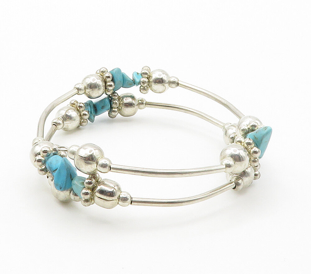 925 Sterling Silver  Vintage Turquoise Beaded Shiny Chain Bracelet  BT5973