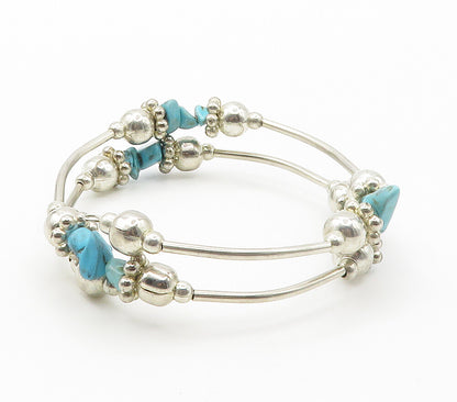 925 Sterling Silver  Vintage Turquoise Beaded Shiny Chain Bracelet  BT5973