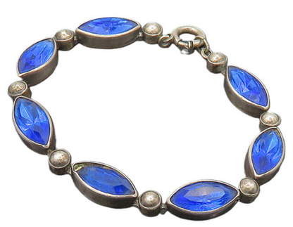 925 Sterling Silver  Vintage Marquise Cut Blue Stone Chain Bracelet  BT8478